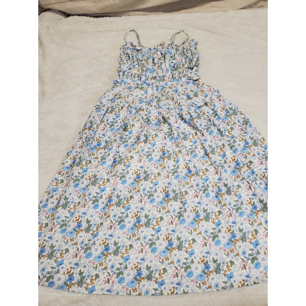 Aureum White Blue Floral Tied Ruffle Dress Medium Preppy Boho Cottage Romantic
